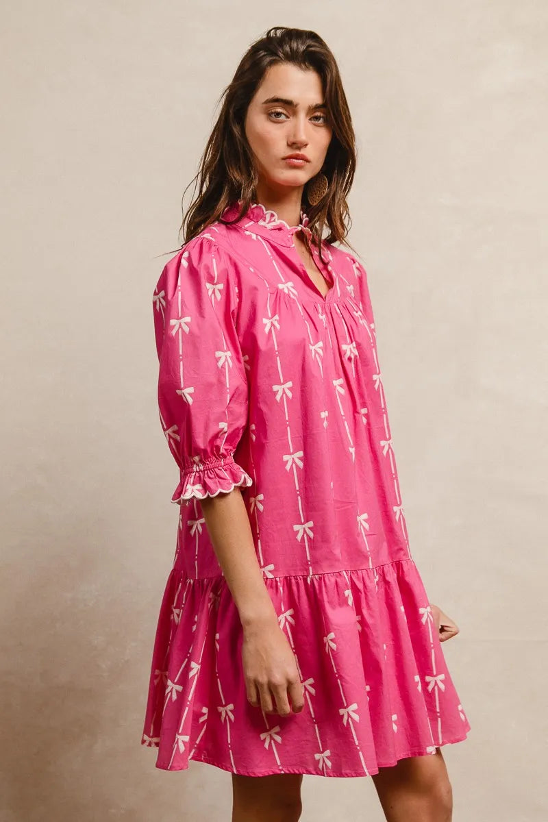 BiBi Ribbon Patterns With Scallops Edge Details Short Sleeve Dress