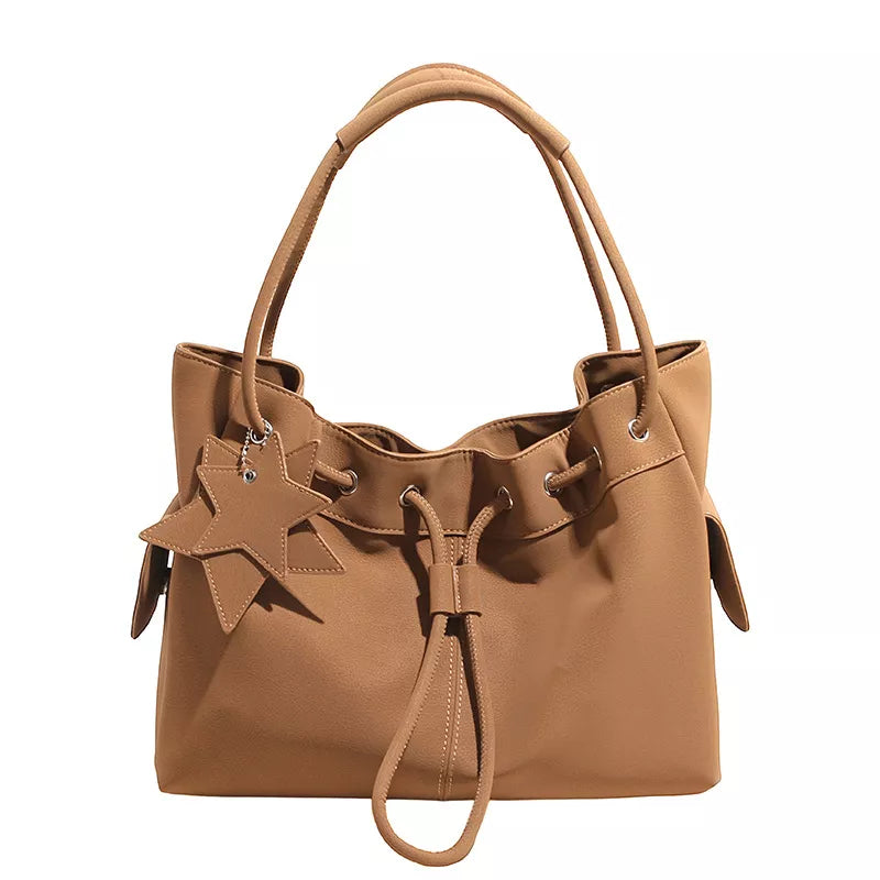Chic Drawstring Bucket Handbag with Star Charm