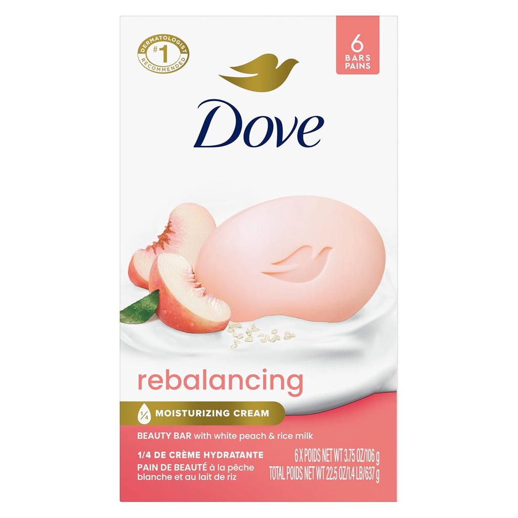 Dove Beauty Bar Soap Rebalancing White Peach & Rice Milk 6 Count for a Nourished and Moisturized Skin, with ¼ Moisturizing Cream Plant-Based Formula, 3.75 oz