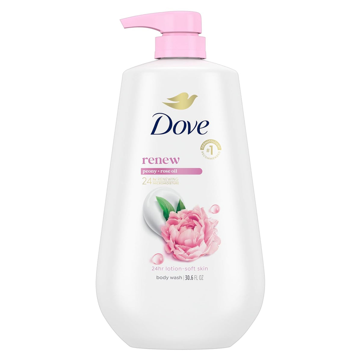 Dove Body Wash with Pump Renew Peony & Rose Oil For 24hr Lotion-Soft Skin Moisturizing Skin Cleanser with No Sulfates No Parabens 30.6 Oz