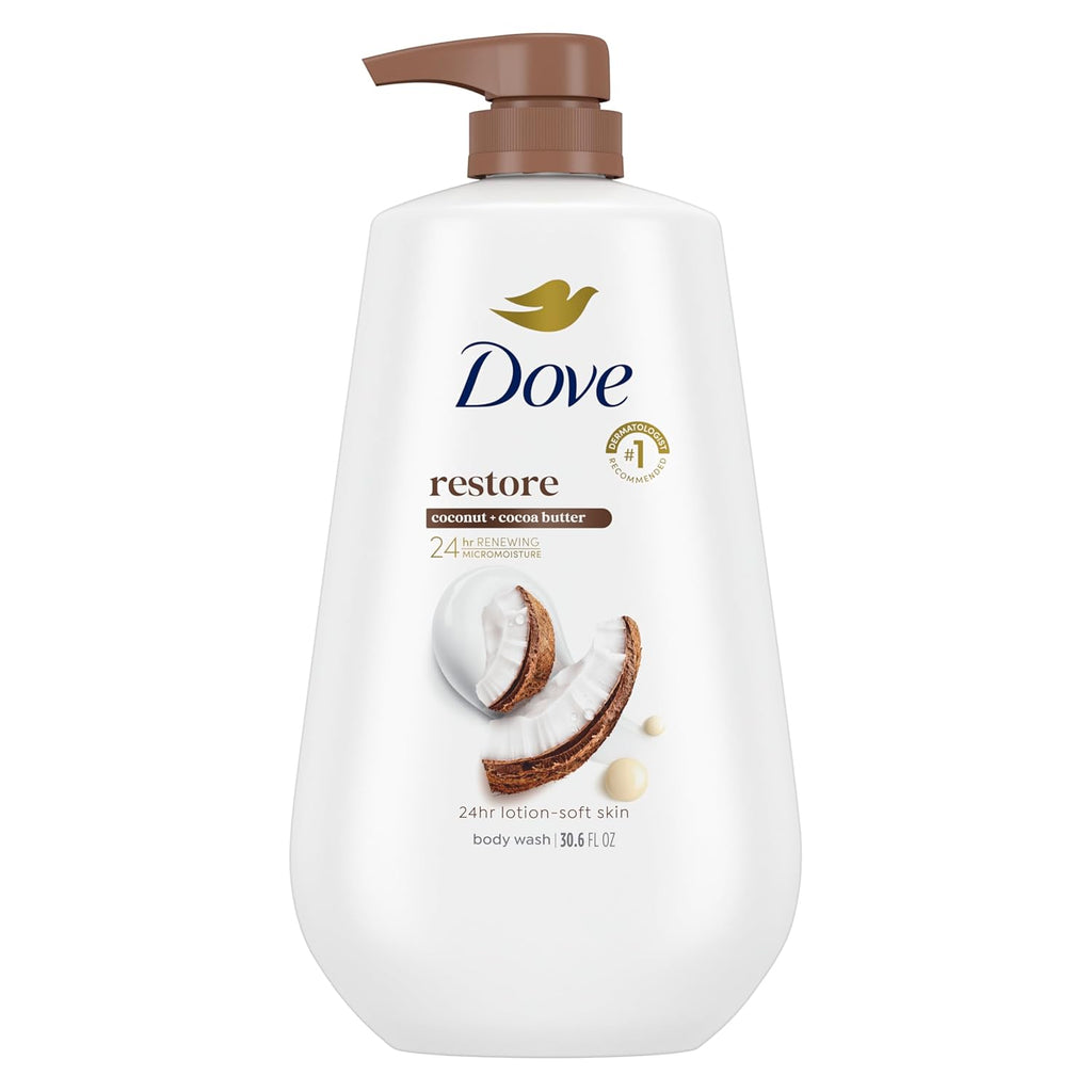 Dove Body Wash with Pump Restore Coconut & Cocoa Butter for 24hr Lotion-Soft Skin Moisturizing Skin Cleanser with No Sulfates No Parabens 30.6 Oz