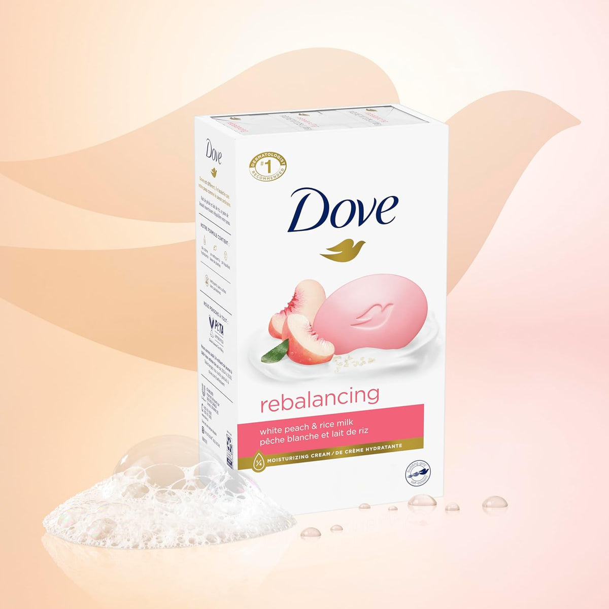 Dove Beauty Bar Soap Rebalancing White Peach & Rice Milk 6 Count for a Nourished and Moisturized Skin, with ¼ Moisturizing Cream Plant-Based Formula, 3.75 oz