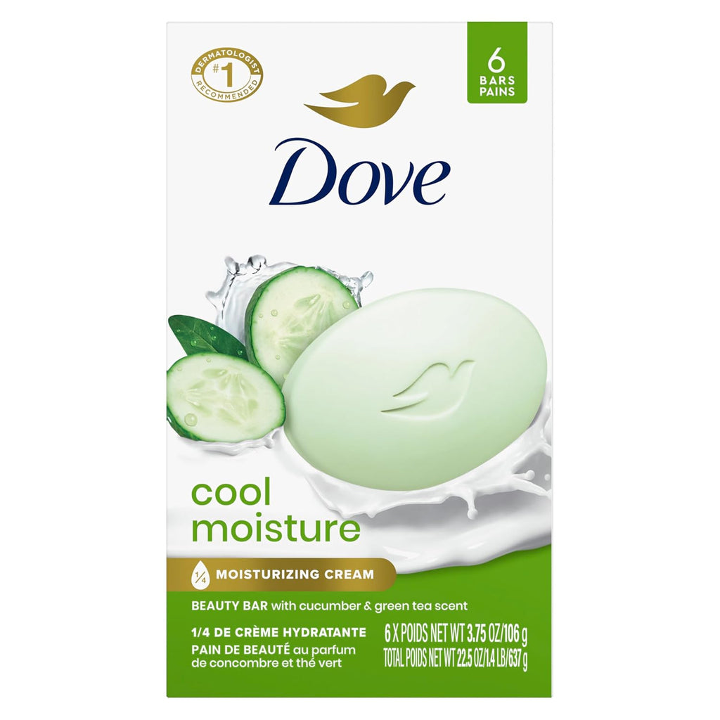 Dove Beauty Bar Soap Cool Moisture Cucumber & Green Tea Scent, 6 Bars for Refreshed Skin, Leaves Skin Refreshed 3.75 oz
