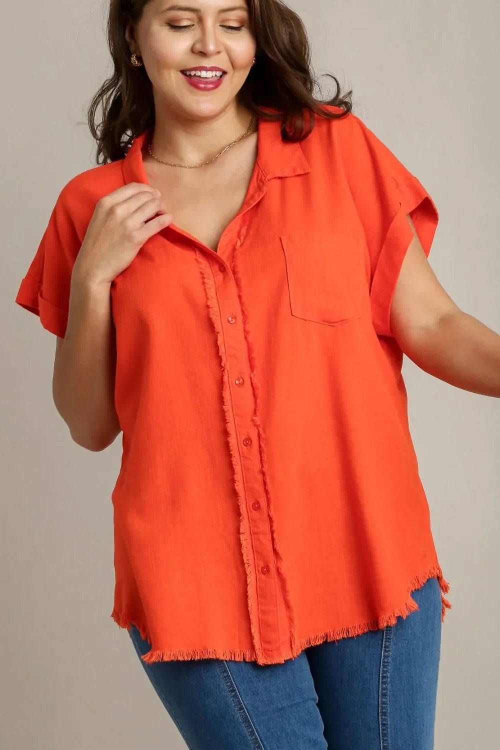 Umgee Full Size Linen Blend Button Down Short Folded Sleeve
