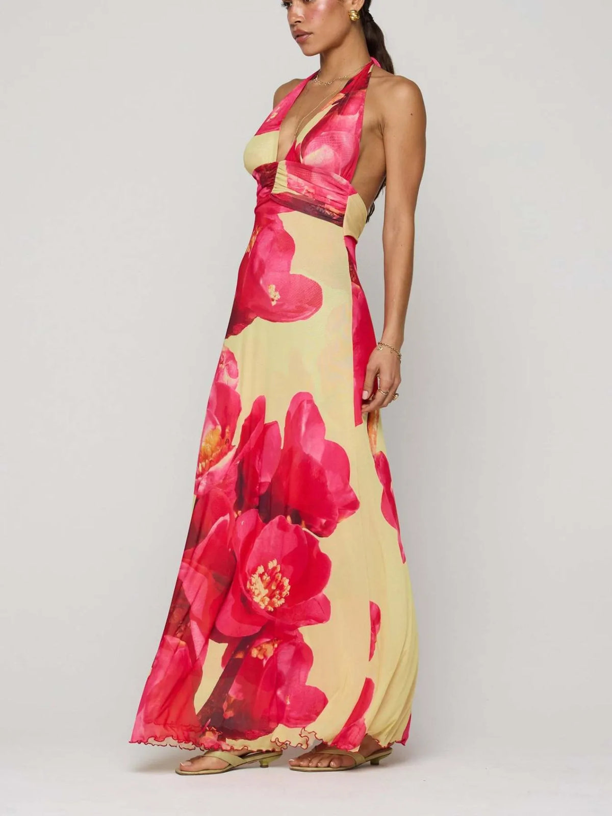 Floral Halter Neck Deep V Maxi Dress