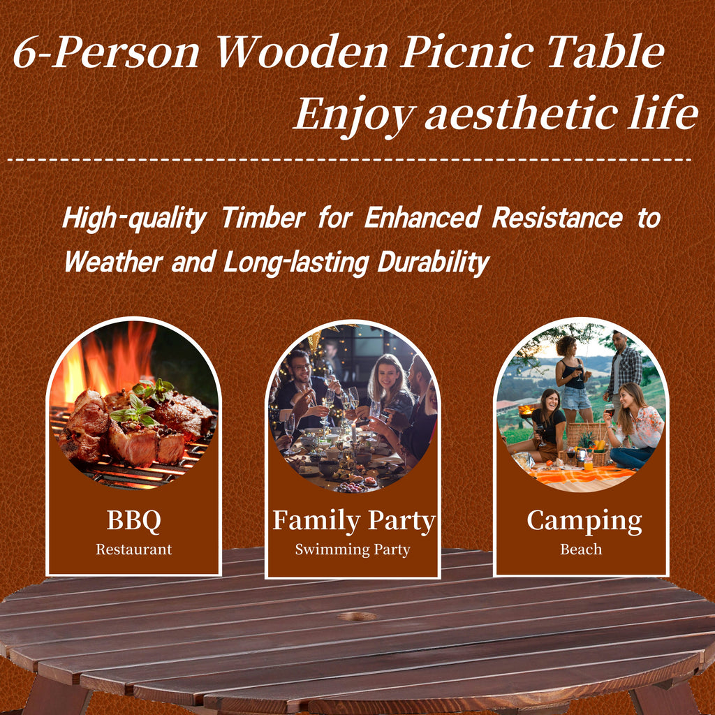 6-person circular picnic table with 3 built-in benches, umbrella holes, outdoor tables and chairs brown bench set