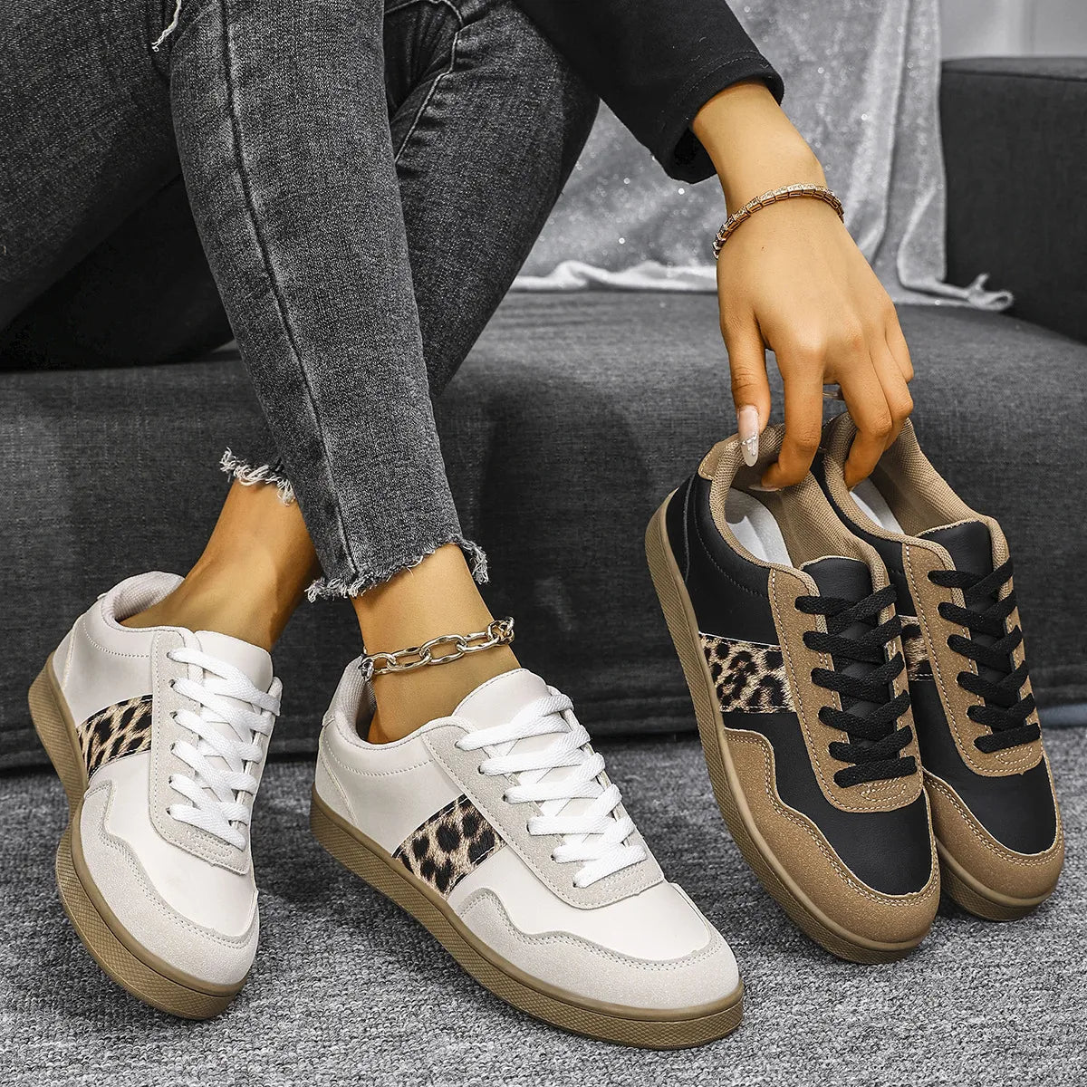 Leopard Lace Up Round Toe Sneakers