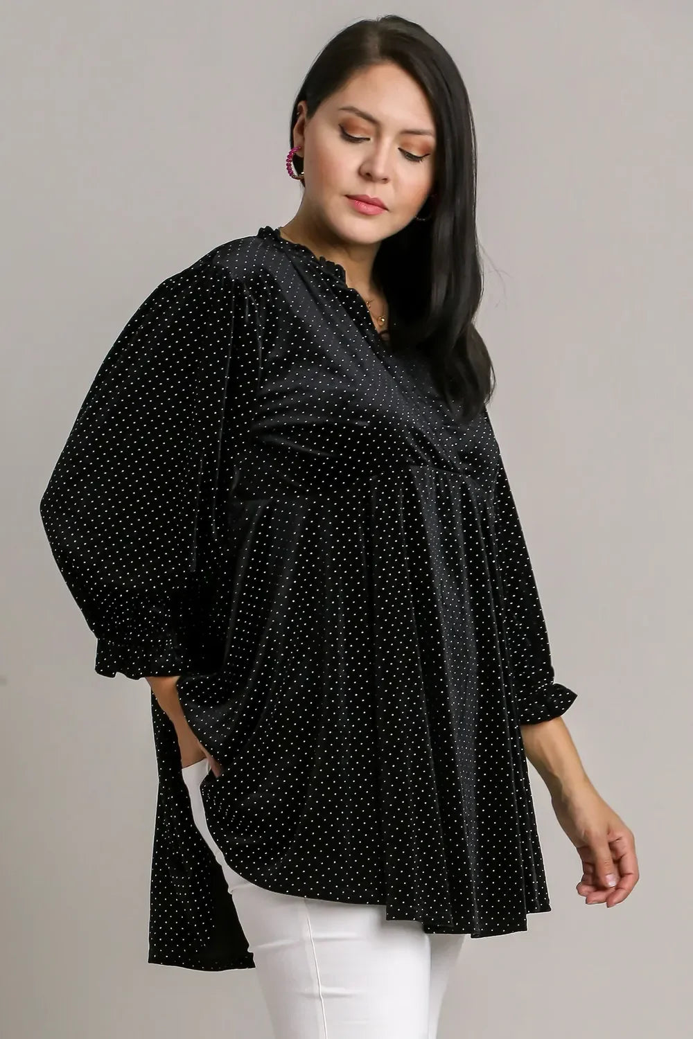 Umgee Full Size Beaded Frill Flounce Sleeve Velvet Babydoll