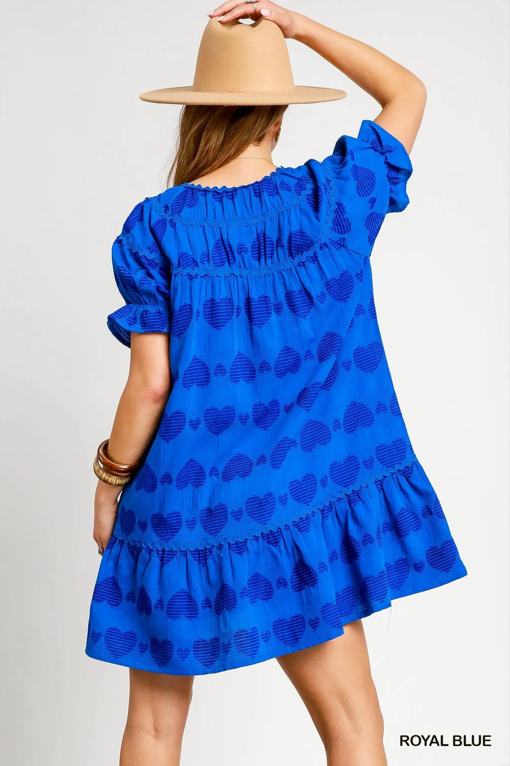Umgee Heart Pattern Short Sleeve Ruffle Babydoll Dress