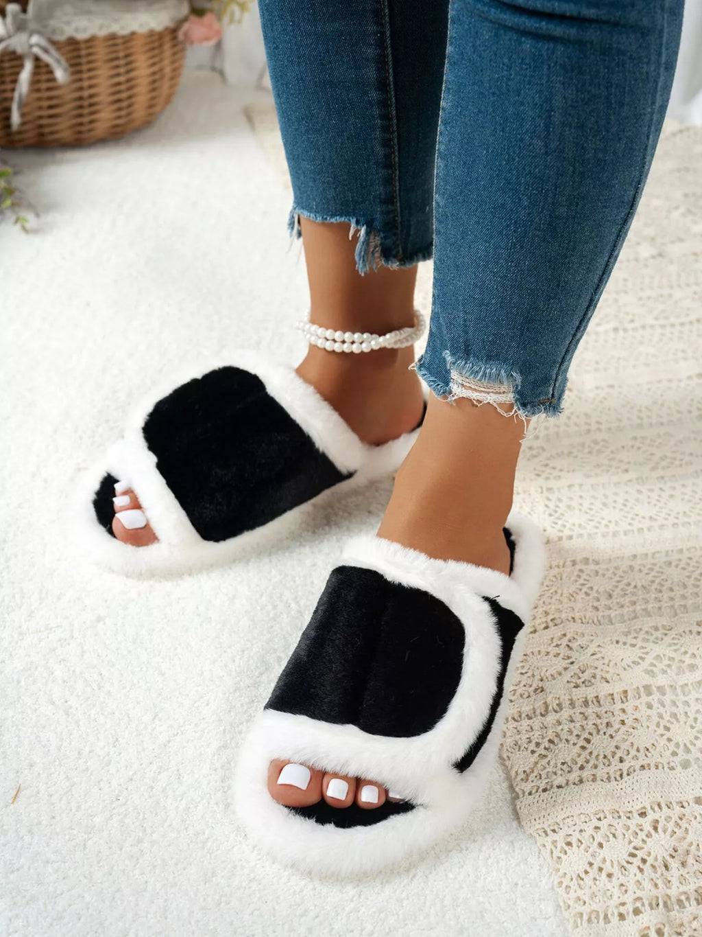 Fuzzy Open Toe Flats Slippers