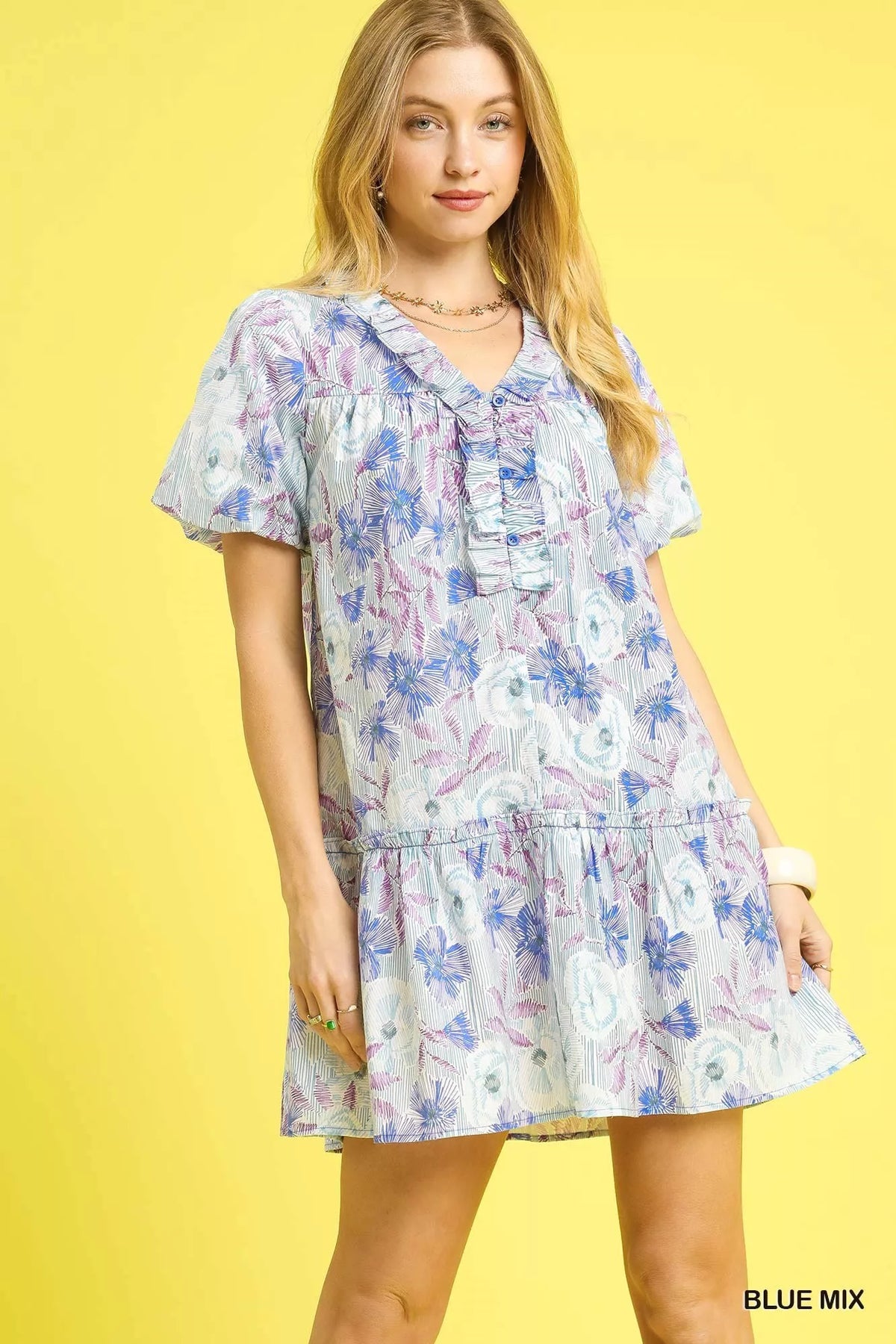 Umgee Floral Ruffled Puff Sleeve Mini Dress