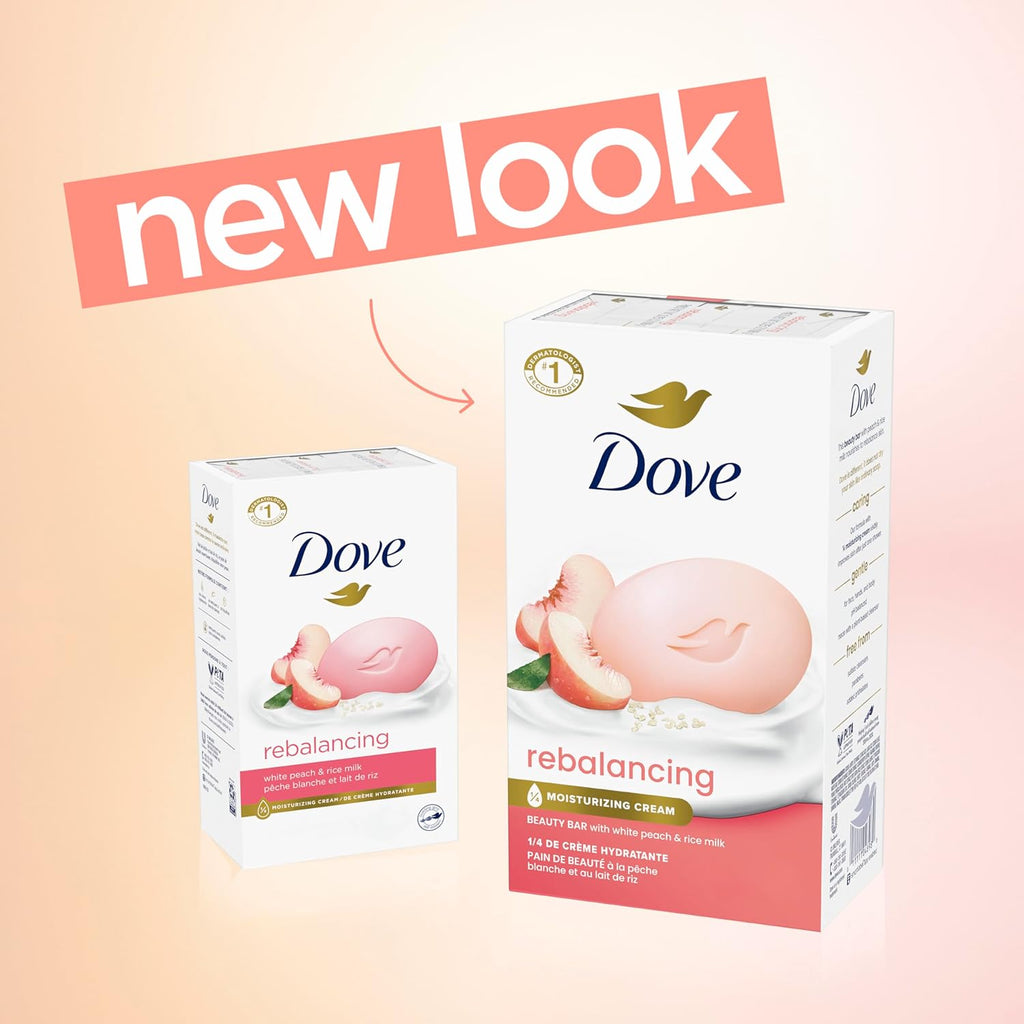 Dove Beauty Bar Soap Rebalancing White Peach & Rice Milk 6 Count for a Nourished and Moisturized Skin, with ¼ Moisturizing Cream Plant-Based Formula, 3.75 oz