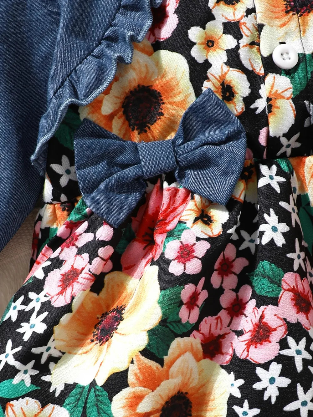 Children's Ruffled Bow Contrast Floral Dress with Headband