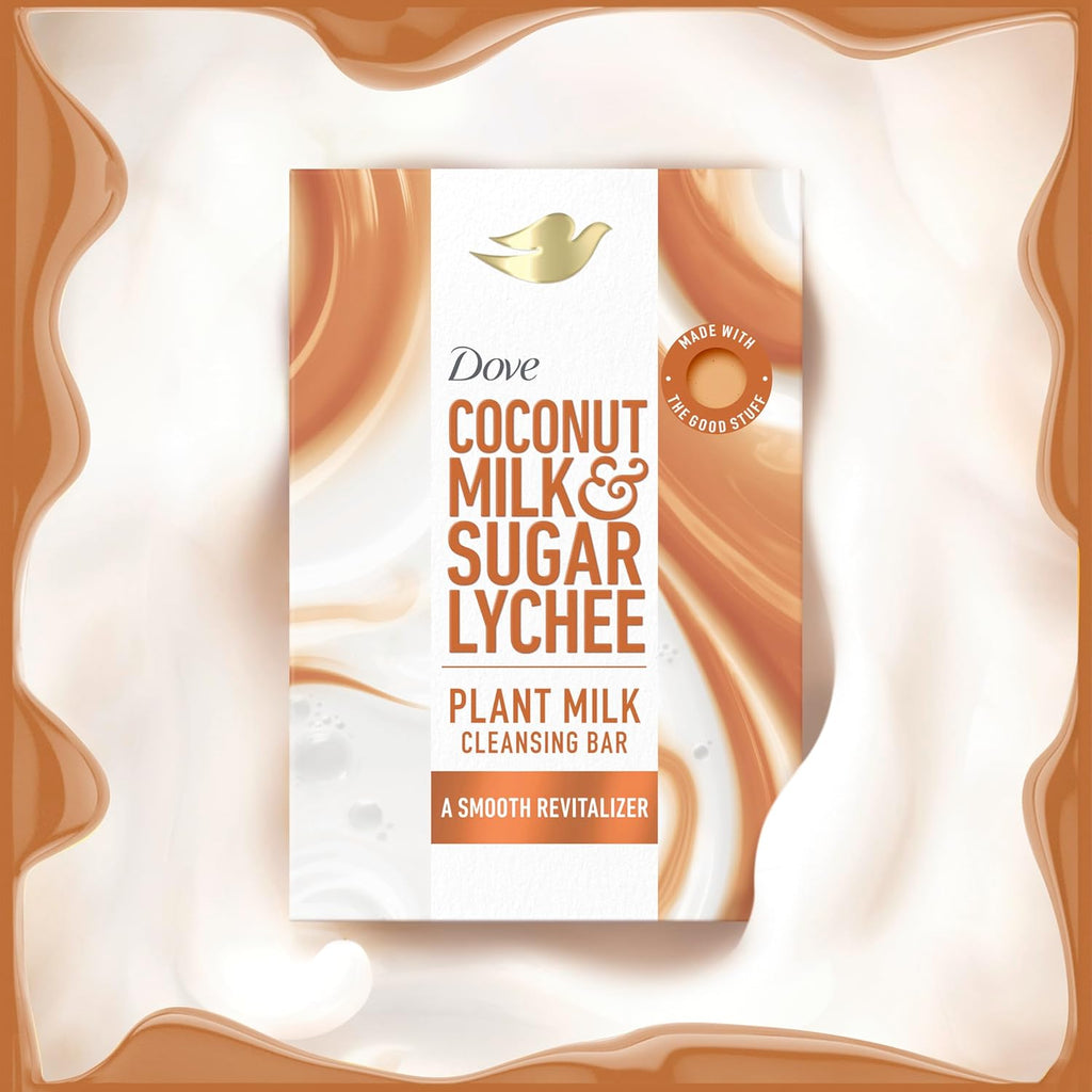 Dove Plant Milk Cleansing Bar Soap Coconut Milk & Sugar Lychee Smooth Revitalizer 4 Count for Moisturized Skin Gentle Cleanser, No Sulfate Cleansers or Parabens, 98% Biodegradable Formula 5 oz