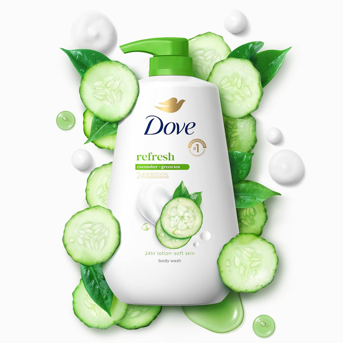 Dove Body Wash with Pump Refresh Cucumber and Green Tea for 24hr Lotion-Soft Skin Moisturizing Skin Cleanser with No Sulfates No Parabens 30.6 oz