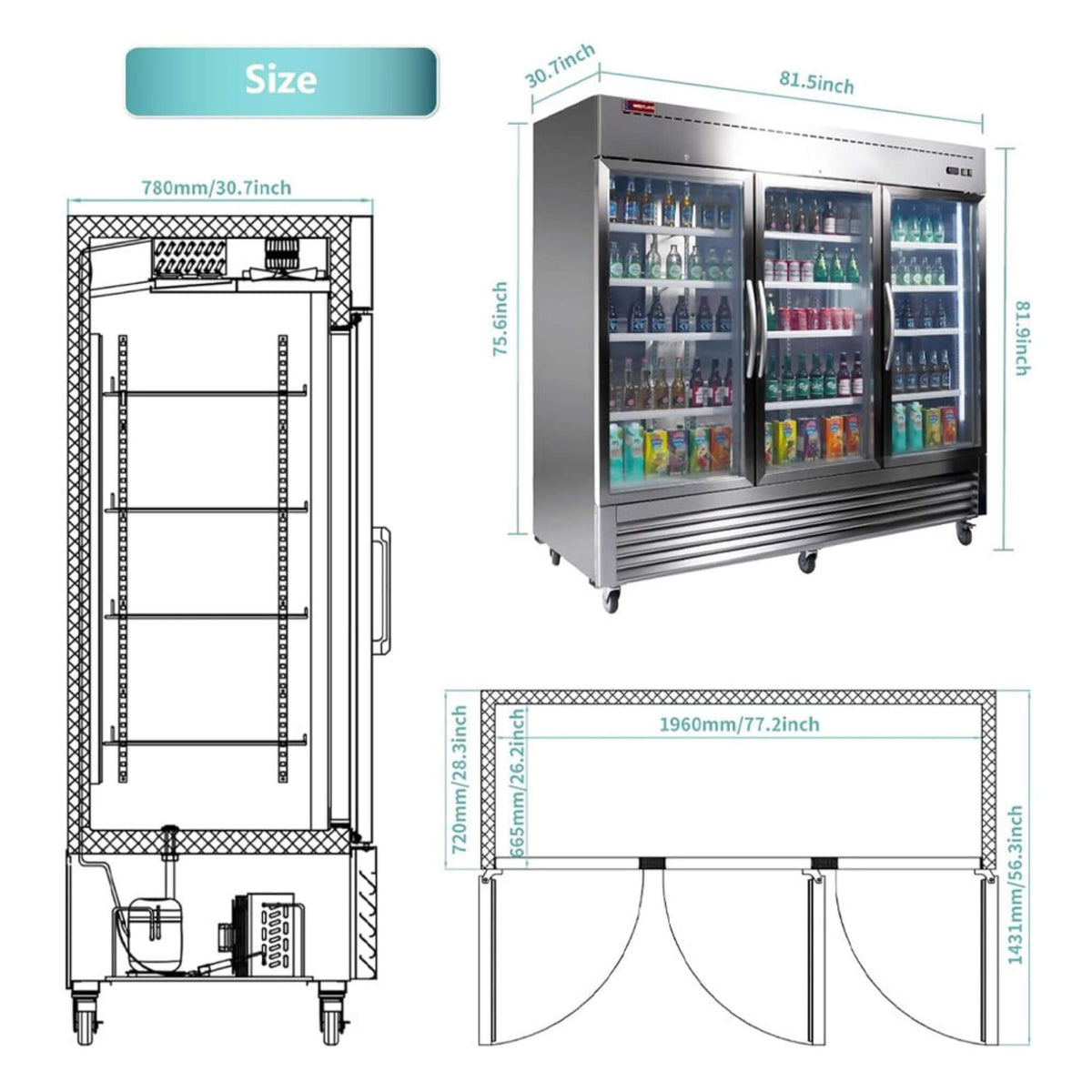 82" Commercial Display Refrigerator 3-Section