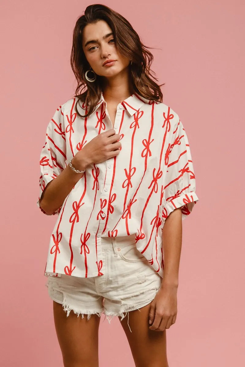 BiBi Bow Ribbon Woven Printed Button Down Shirt
