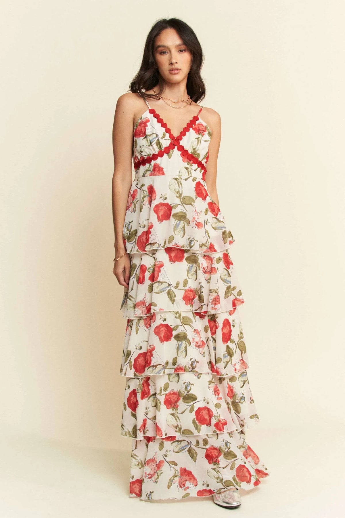 Davi & Dani Contrast Ring Lace Layered Ruffle Maxi Cami Dress