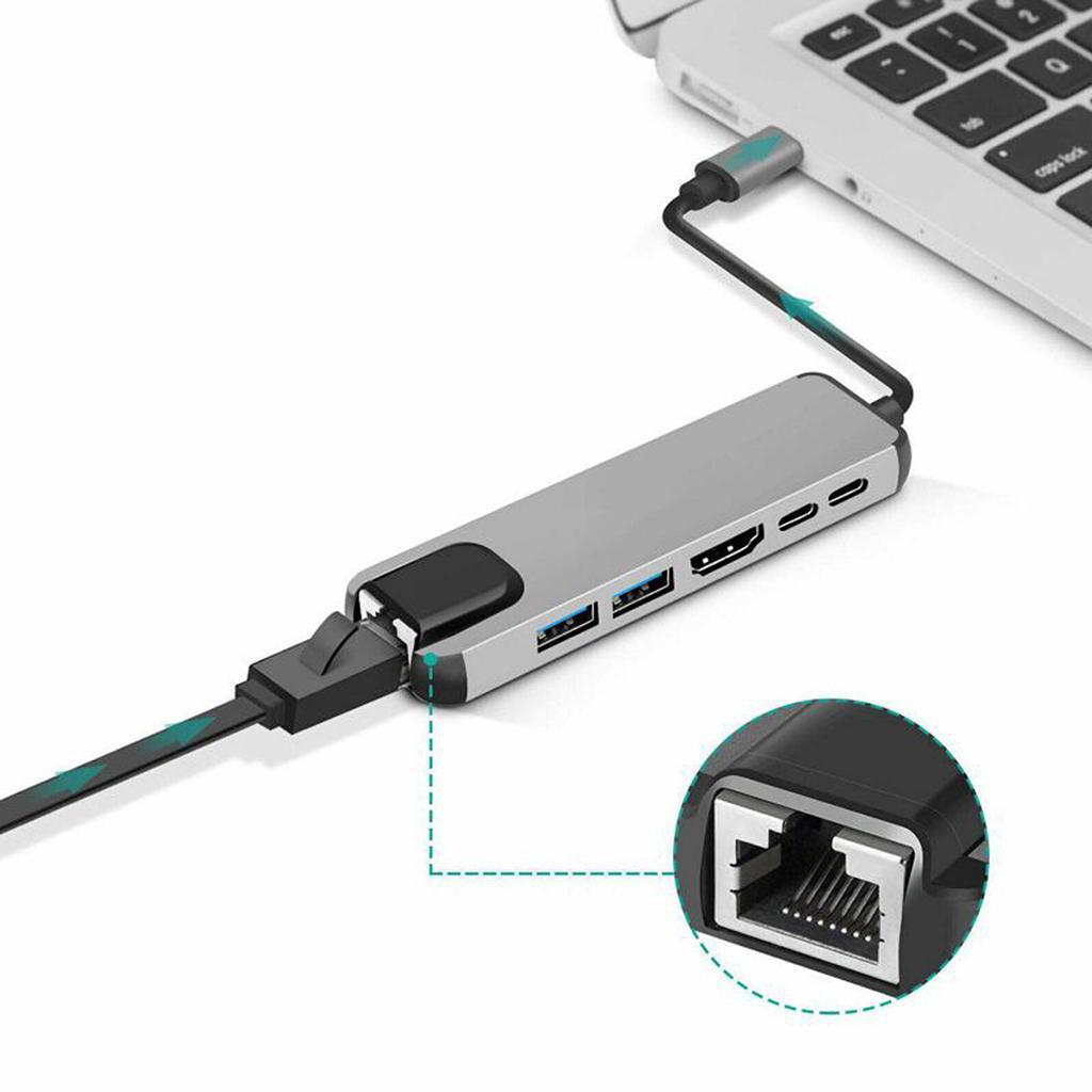 Type C 6-in-1 Hub: HDMI, USB3.0, PD, RJ45 Adapter