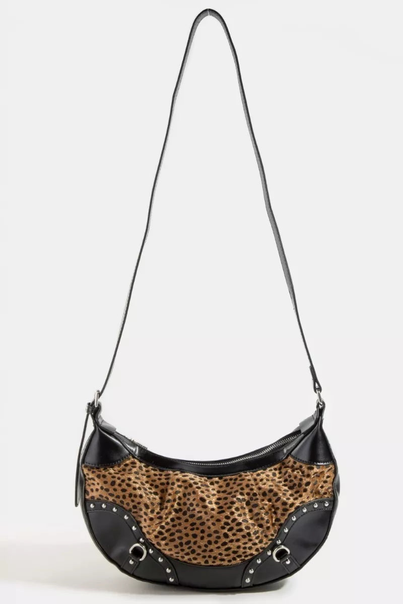 Fame Dark Spotted Leopard Print Half Moon Shoulder Bag