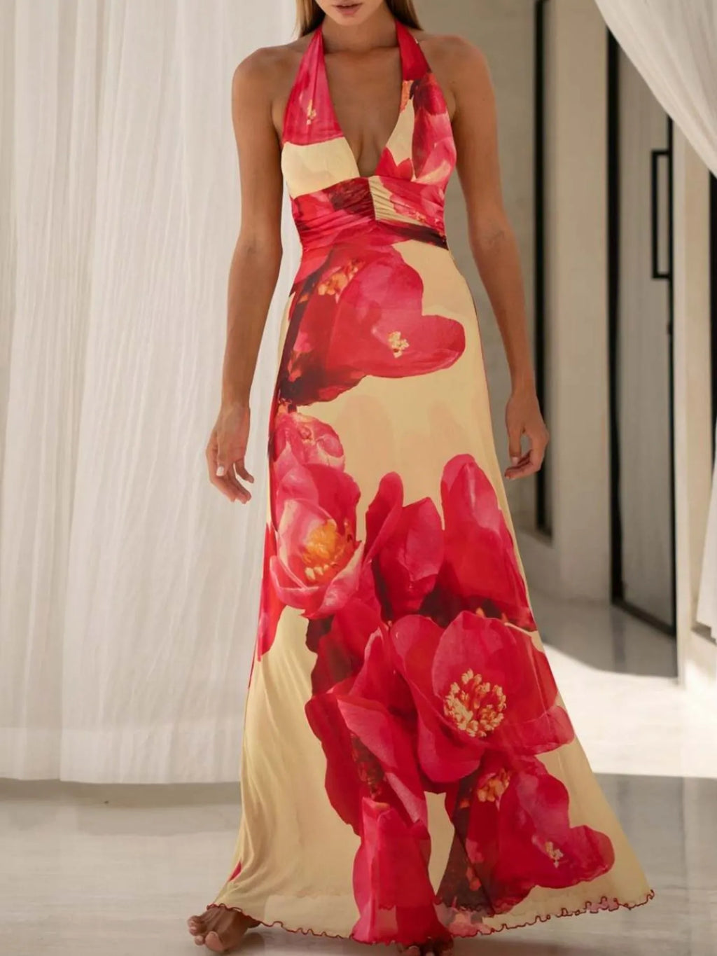 Floral Halter Neck Deep V Maxi Dress