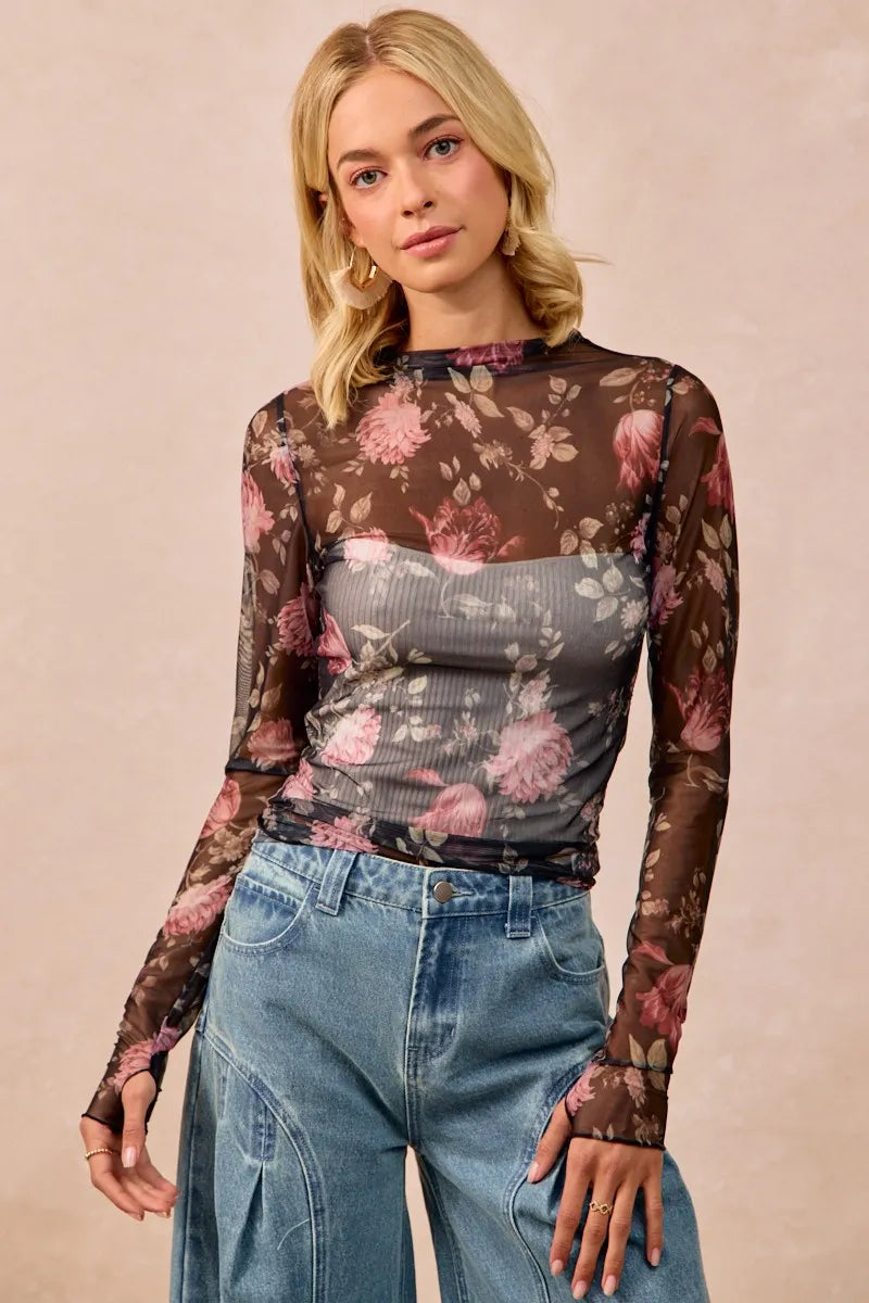 BiBi Flower Printed Mesh Lace Top with Thumb Opening