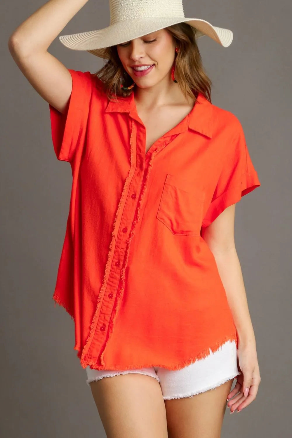 Umgee Full Size Linen Blend Button Down Short Folded Sleeve