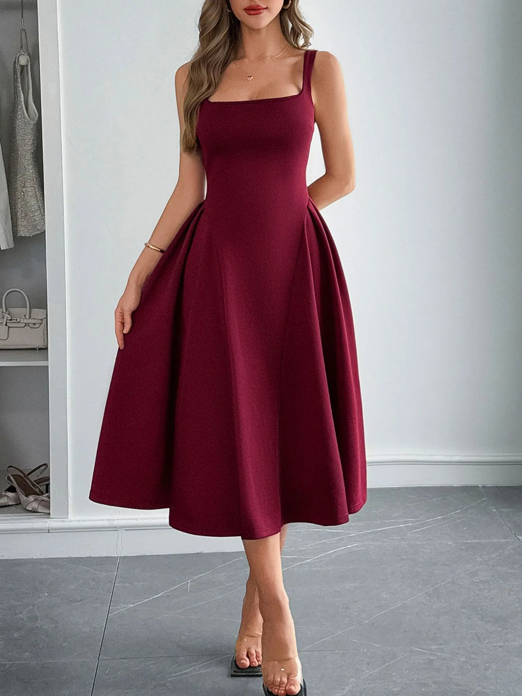 Square Neck Wide Strap Midi Dress