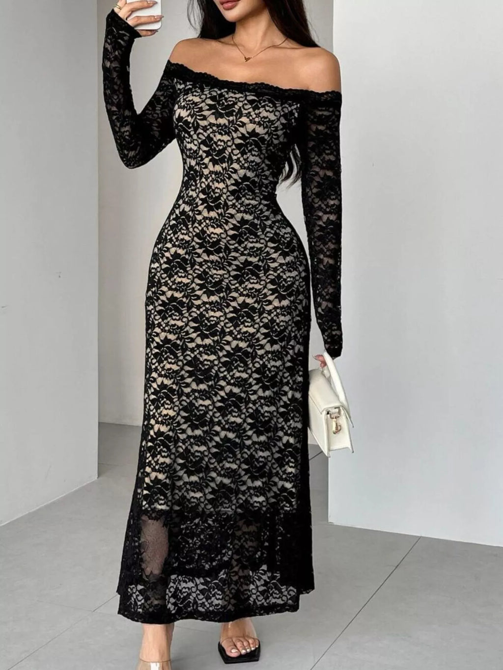 Off-Shoulder Lace Maxi Dress