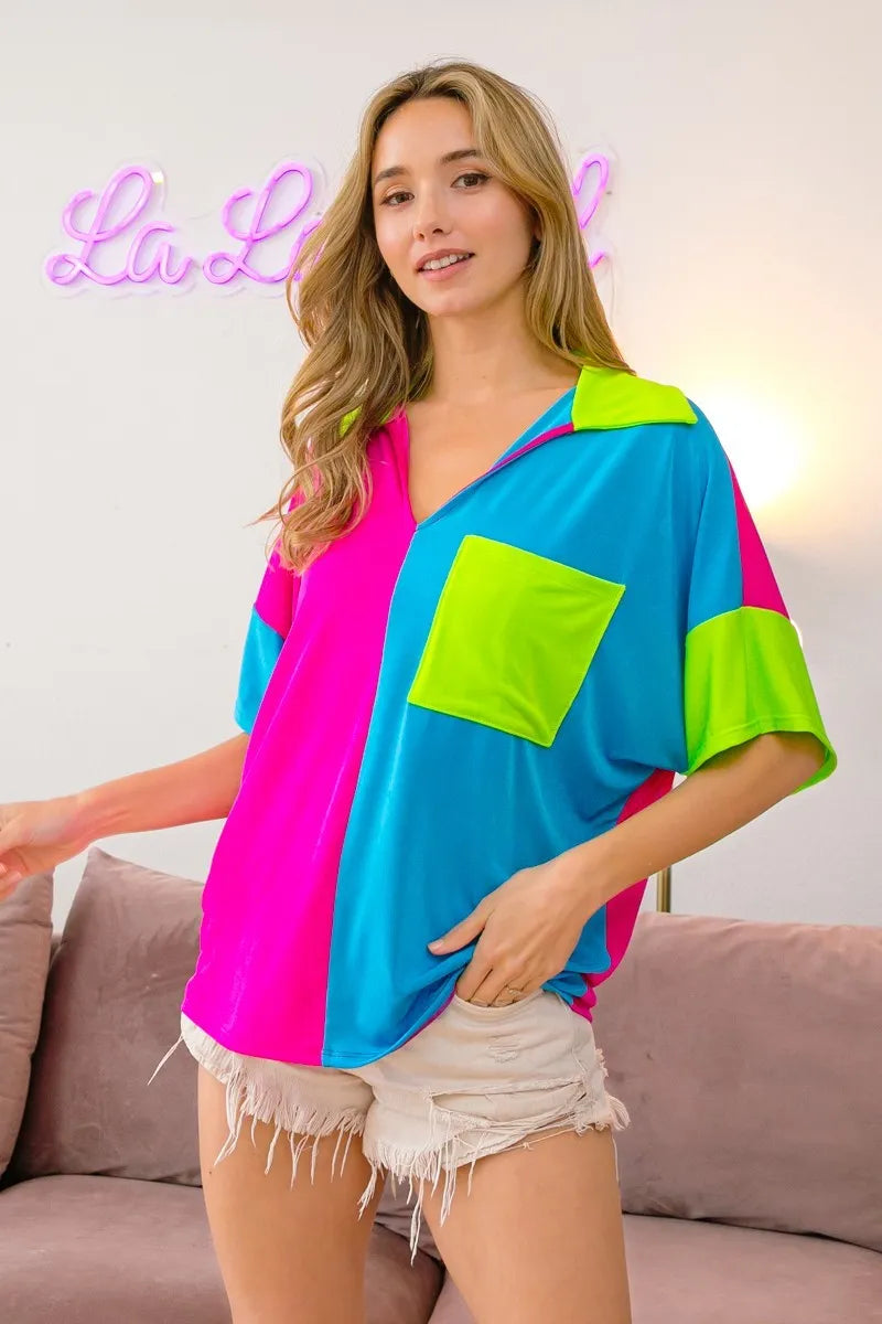 BiBi Slinky Knit Color Block V Neck Front Top