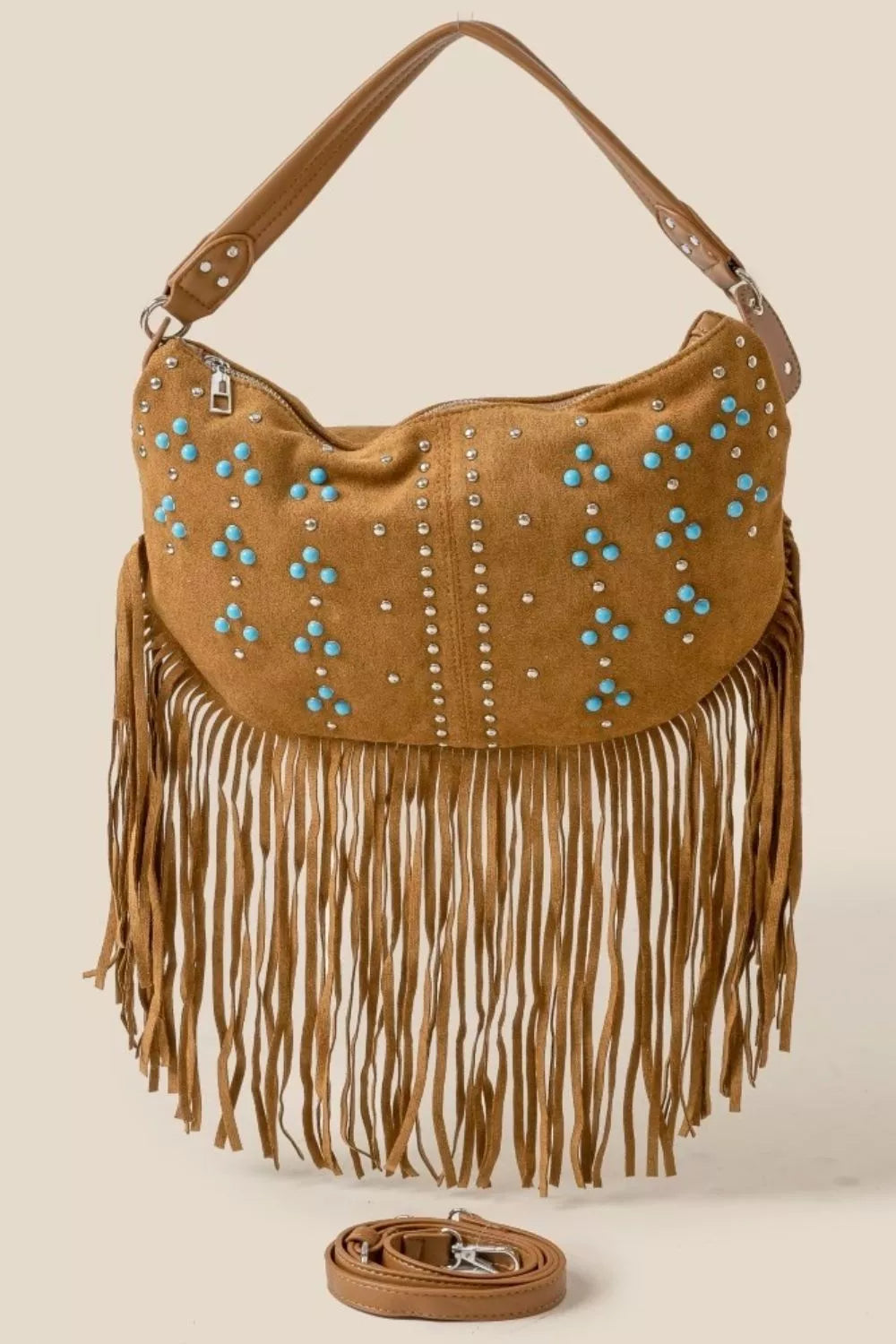 Fame Studded Pattern Multi Fringe Hobo Shoulder Bag