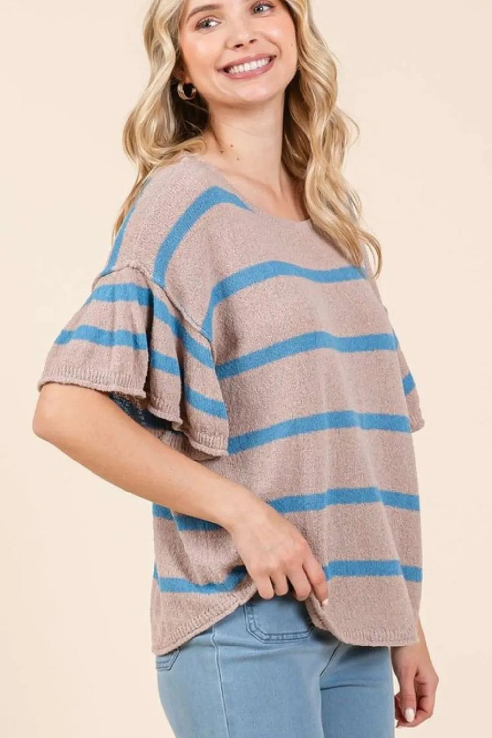 Mittoshop Striped Flounce Sleeve Knit Top