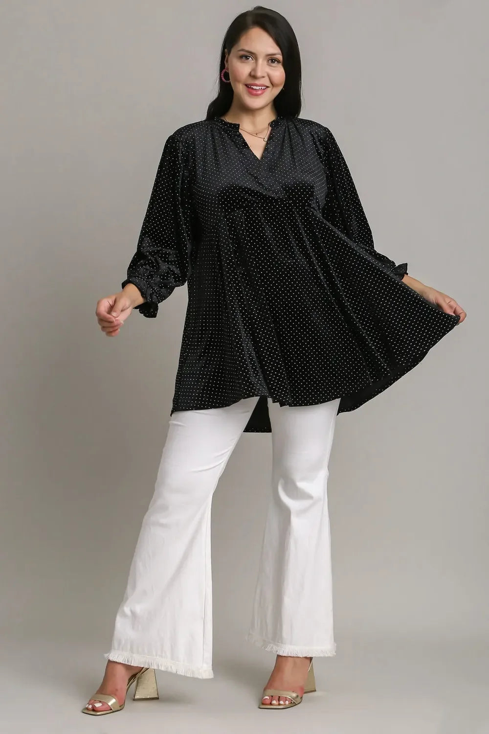 Umgee Full Size Beaded Frill Flounce Sleeve Velvet Babydoll