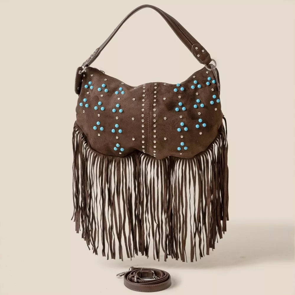 Fame Studded Pattern Multi Fringe Hobo Shoulder Bag