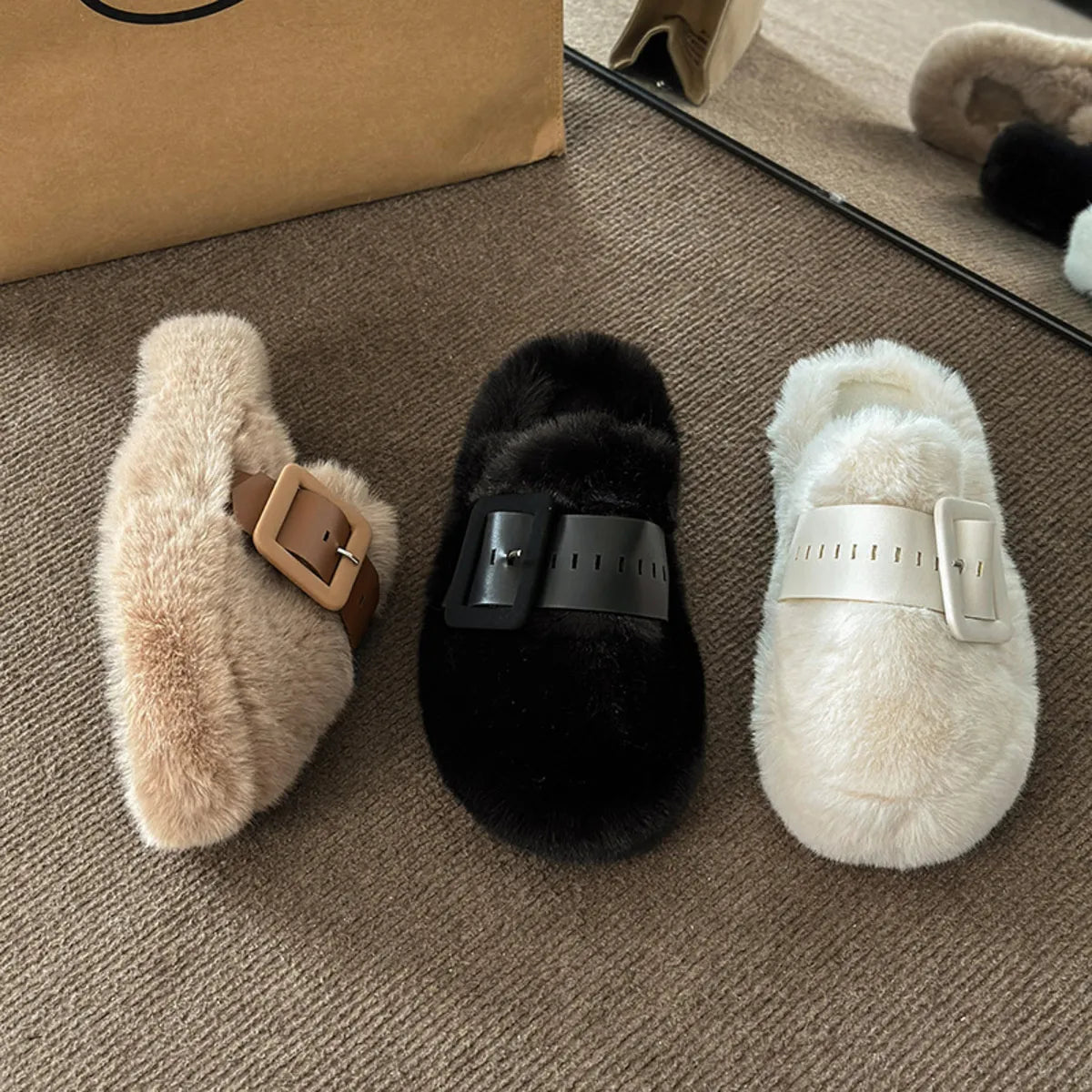 Faux Fur Buckle Slippers