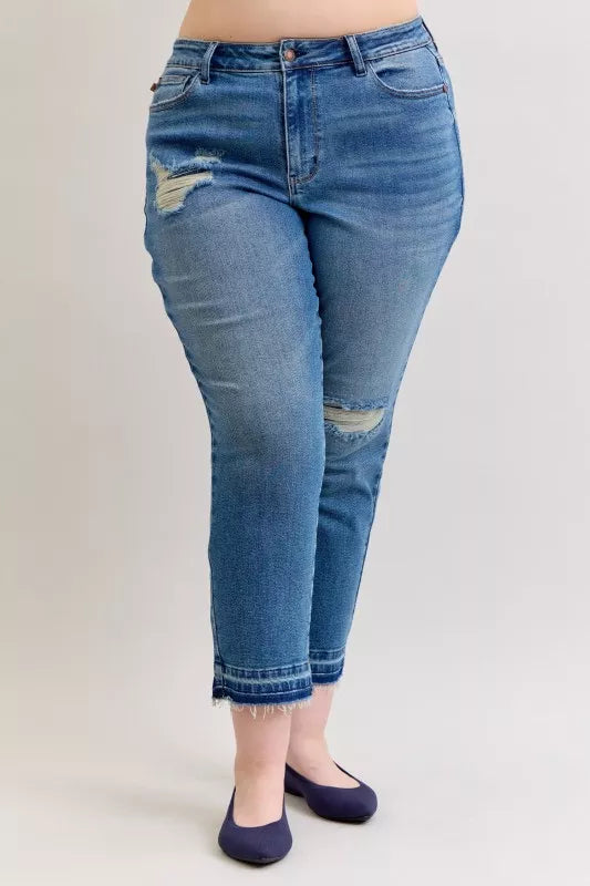 Judy Blue Full Size Mid Rise Bf Patch & Repair Destroy Release Hem Jeans Plus Size
