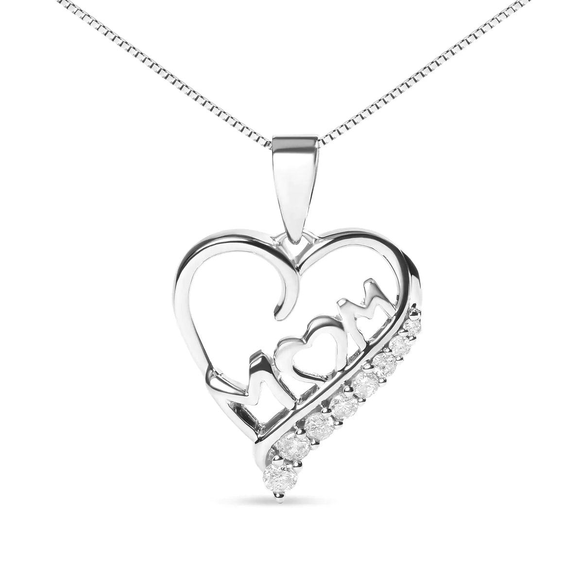 .925 Sterling Silver 1/4 Cttw Diamond "mom" Open Heart 18"