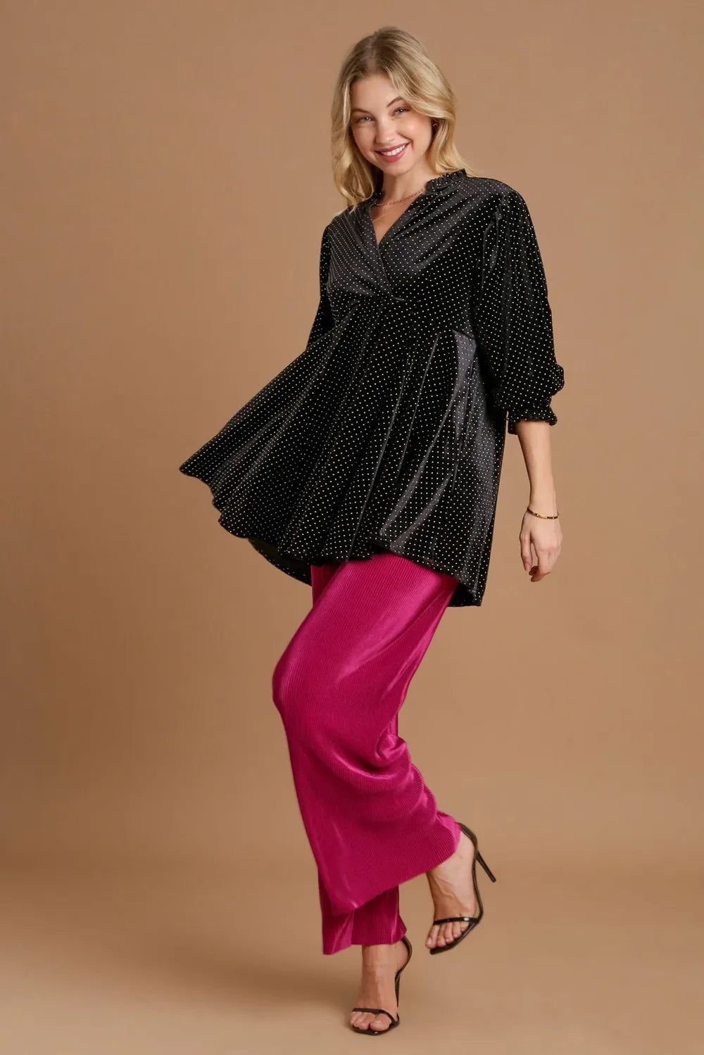 Umgee Full Size Beaded Frill Flounce Sleeve Velvet Babydoll