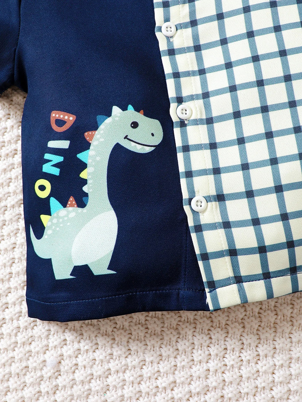 Children'S Hat Dinosaur Plaid Button Up Top And Shorts 3-Piece