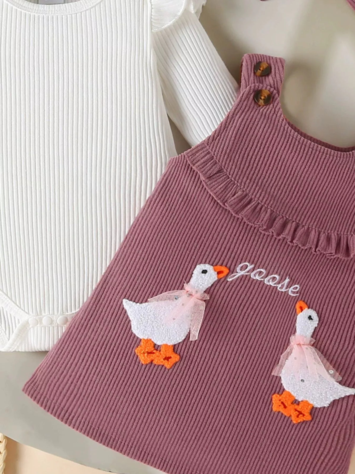 Children's Ruffled Trim Bodysuit and Dress Set with Headband