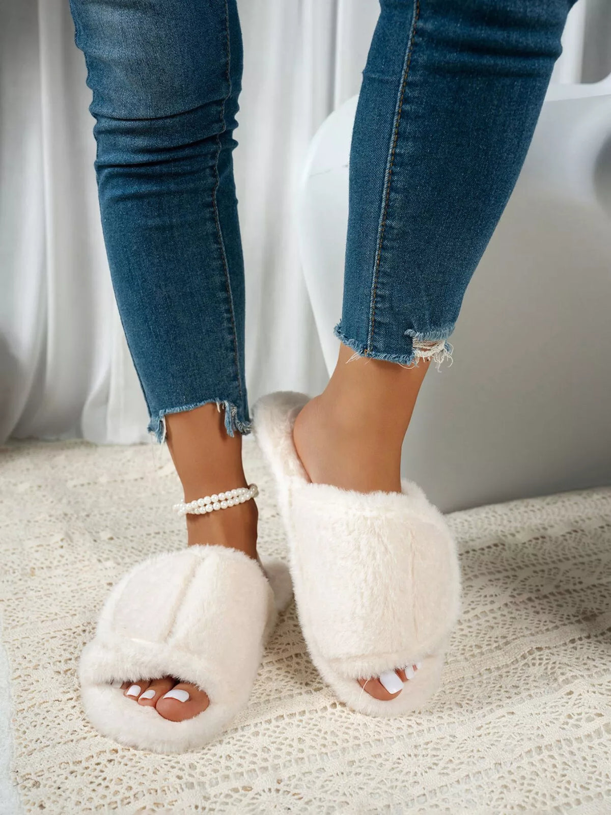 Fuzzy Open Toe Flats Slippers