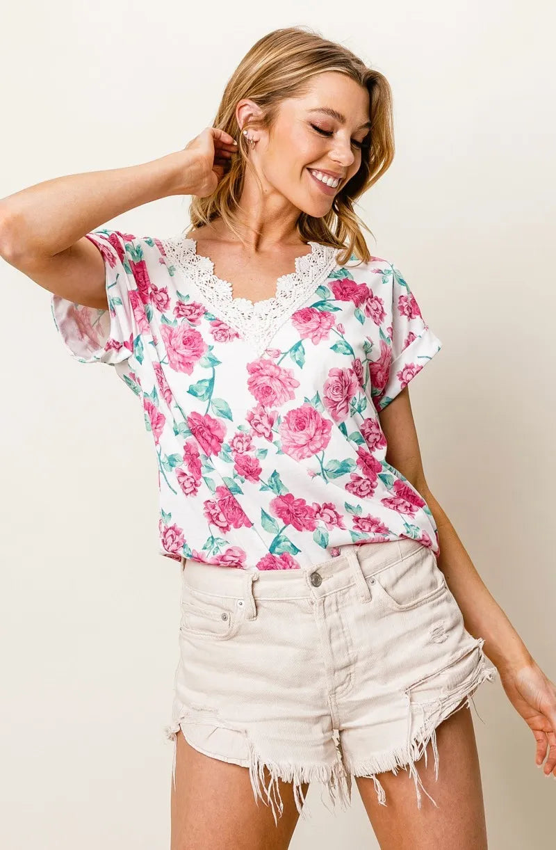 BiBi Rose Printed Poly Span with Crochet Lace Top