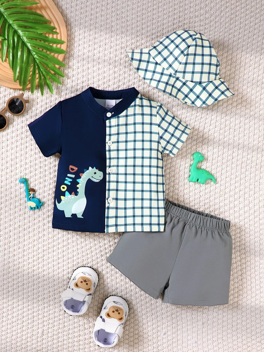 Children'S Hat Dinosaur Plaid Button Up Top And Shorts 3-Piece