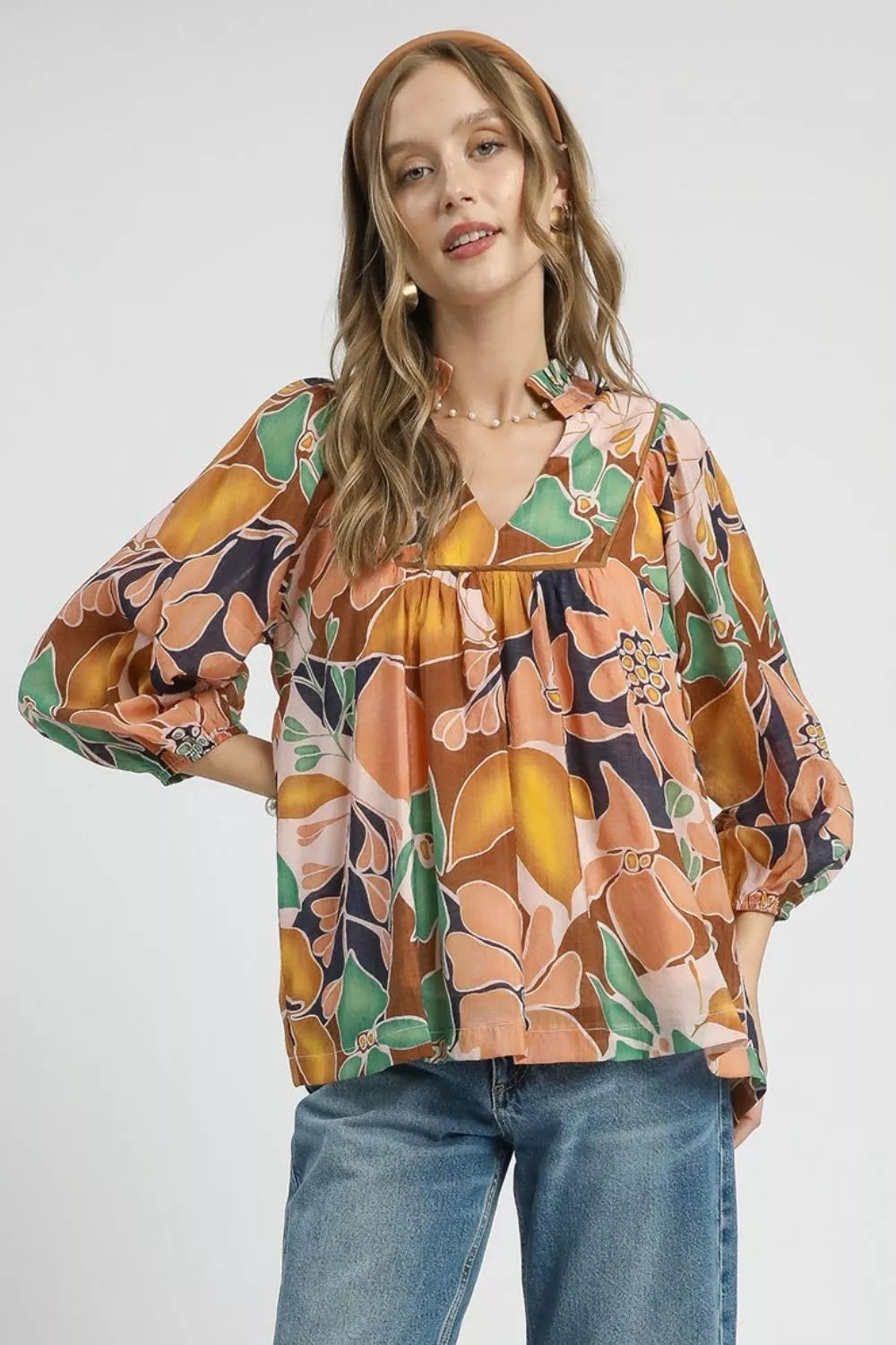 Umgee Multicolor Abstract Floral Print Blouse With Ruffle Neck