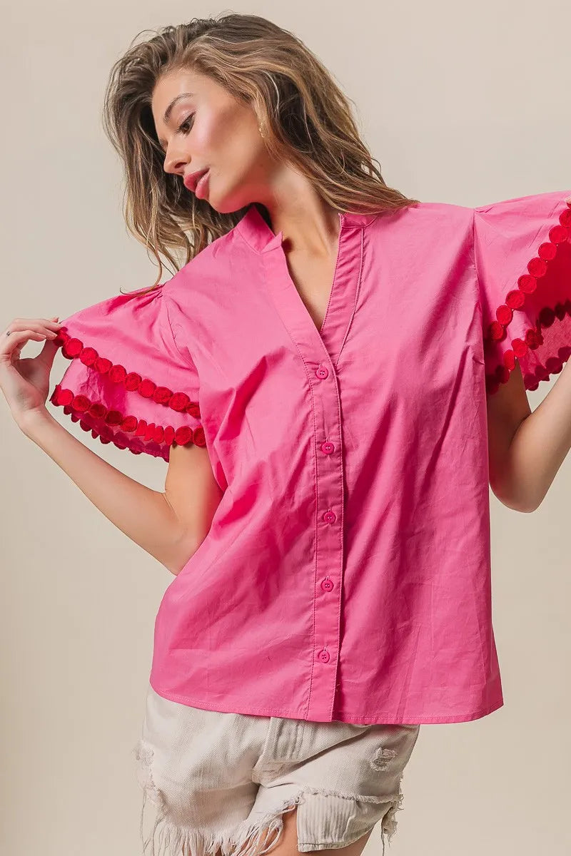 BiBi Dot Trim Flutter Sleeve Notched Top