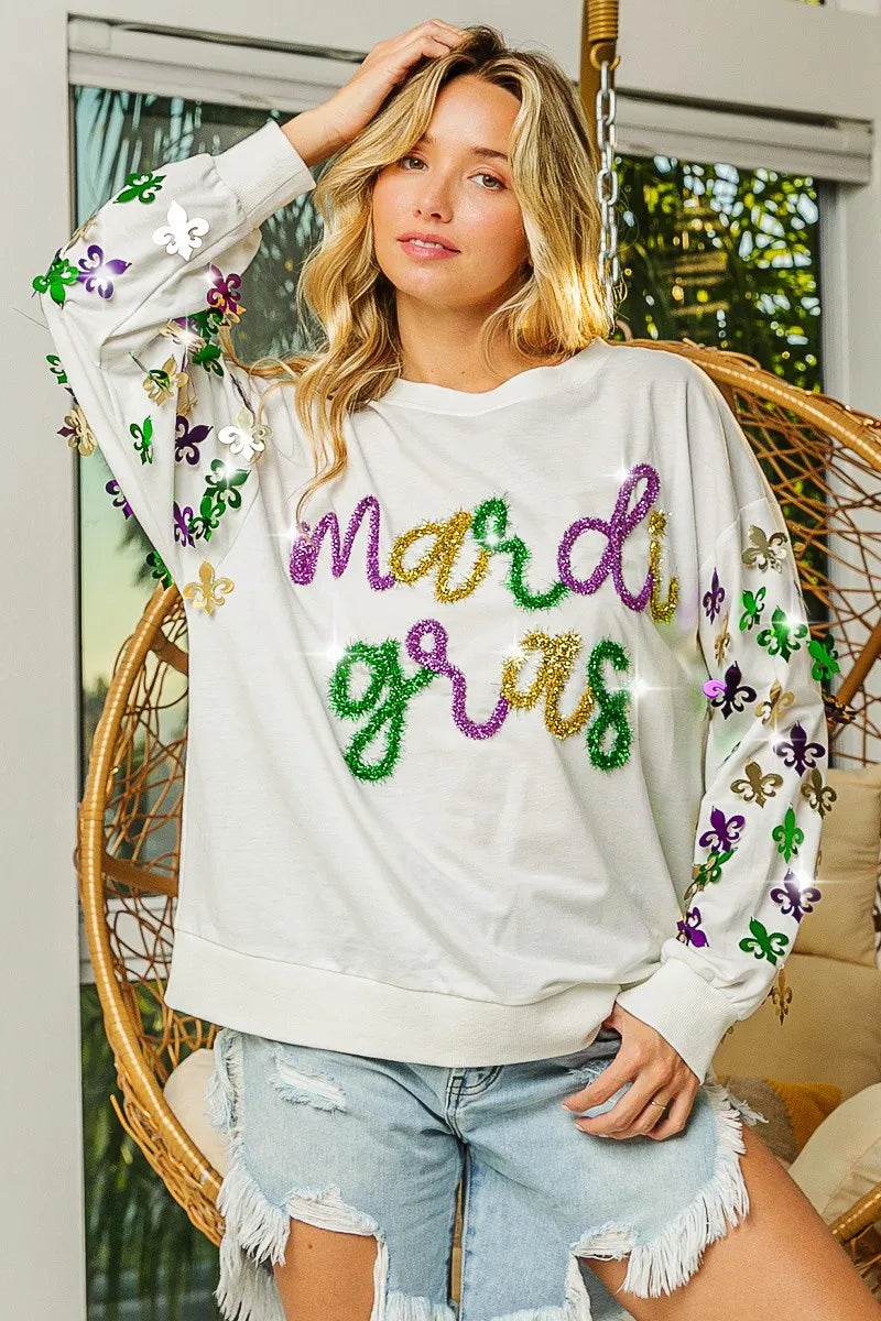 BiBi Fleur De Lis Sleeve Mardi Gras Pullover
