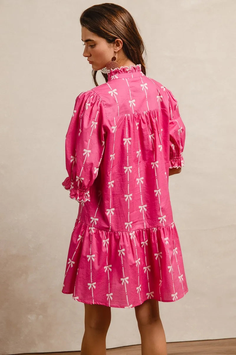 BiBi Ribbon Patterns With Scallops Edge Details Short Sleeve Dress