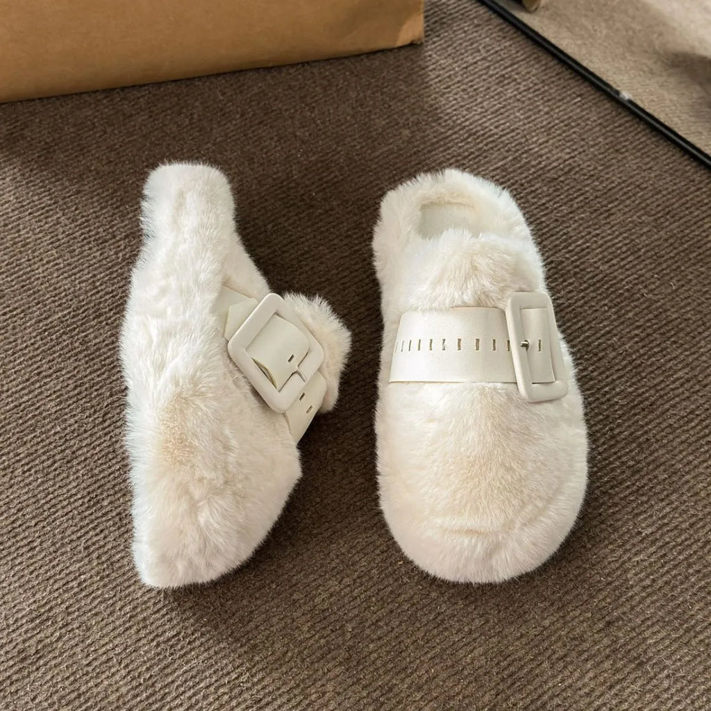 Faux Fur Buckle Slippers