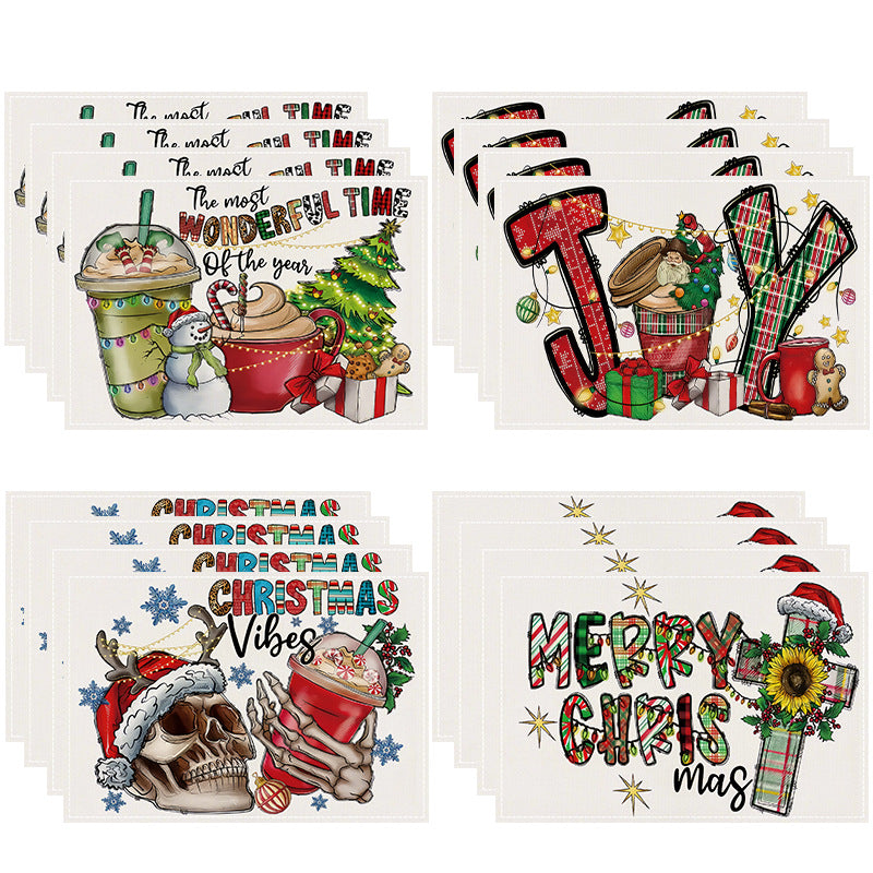 Skull Milk Tea Cup Printed Meal Mat Christmas Snowflake Letter Linen Table Mat Holiday Table Decoration Insulation Mat