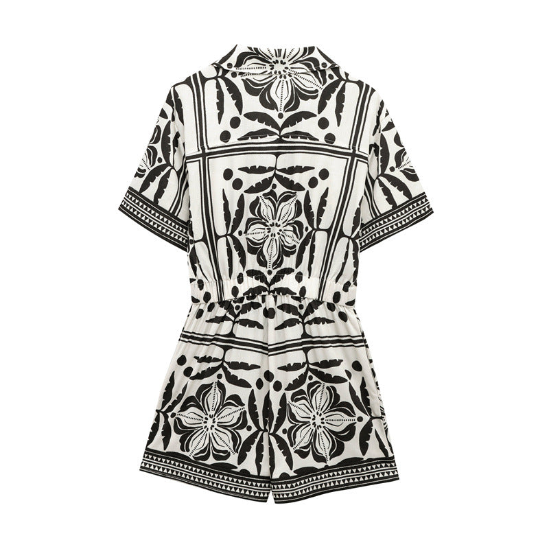 Versatile woven Cuban collar jumpsuit shorts